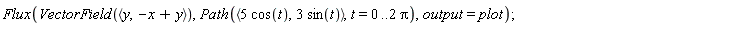 Flux(VectorField(`<,>`(y, Student:-VectorCalculus:-`+`(Student:-VectorCalculus:-`-`(x), y))), Path(`<,>`(Student:-VectorCalculus:-`*`(5, cos(t)), Student:-VectorCalculus:-`*`(3, sin(t))), t = 0 .. Student:-VectorCalculus:-`*`(2, Pi)), output = plot);