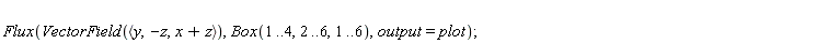 Flux(VectorField(`<,>`(y, Student:-VectorCalculus:-`-`(z), Student:-VectorCalculus:-`+`(x, z))), Box(1 .. 4, 2 .. 6, 1 .. 6), output = plot);