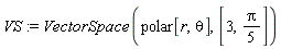 VS := VectorSpace(polar[r, theta], [3, Student:-VectorCalculus:-`*`(Pi, 1/5)])