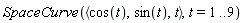 SpaceCurve(`<,>`(cos(t), sin(t), t), t = 1 .. 9)