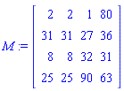 M := Matrix([[2, 2, 1, 80], [31, 31, 27, 36], [8, 8, 32, 31], [25, 25, 90, 63]])