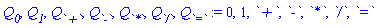 Q[`0`], Q[`1`], Q[`+`], Q[`-`], Q[`*`], Q[`/`], Q[`=`] := 0, 1, `+`, `-`, `*`, `/`, `=`