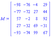 M := Matrix(5, 4, {(1, 1) = -98, (1, 2) = -76, (1, 3) = -4, (1, 4) = 29, (2, 1) = -77, (2, 2) = -72, (2, 3) = 27, (2, 4) = 44, (3, 1) = 57, (3, 2) = -2, (3, 3) = 8, (3, 4) = 92, (4, 1) = 27, (4, 2) = -32, (4, 3) = 69, (4, 4) = -31, (5, 1) = -93, (5, 2) = -74, (5, 3) = 99, (5, 4) = 67})