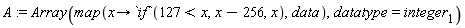 A := Array(map(proc (x) options operator, arrow; `if`(127 < x, x-256, x) end proc, data), datatype = integer[1])