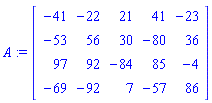 A := Matrix([[-41, -22, 21, 41, -23], [-53, 56, 30, -80, 36], [97, 92, -84, 85, -4], [-69, -92, 7, -57, 86]])