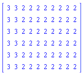 Matrix([[3, 3, 2, 2, 2, 2, 2, 2, 2, 2], [3, 3, 2, 2, 2, 2, 2, 2, 2, 2], [3, 3, 2, 2, 2, 2, 2, 2, 2, 2], [3, 3, 2, 2, 2, 2, 2, 2, 2, 2], [3, 3, 2, 2, 2, 2, 2, 2, 2, 2], [3, 3, 2, 2, 2, 2, 2, 2, 2, 2]])
