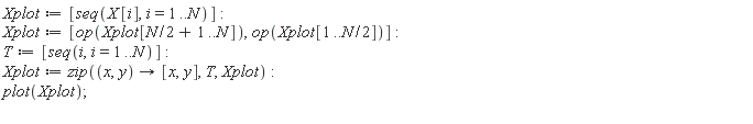 Xplot := [seq(X[i], i = 1 .. N)]; Xplot := [op(Xplot[(1/2)*N+1 .. N]), op(Xplot[1 .. (1/2)*N])]; T := [seq(i, i = 1 .. N)]; Xplot := zip(proc (x, y) options operator, arrow; [x, y] end proc, T, Xplot); plot(Xplot)
