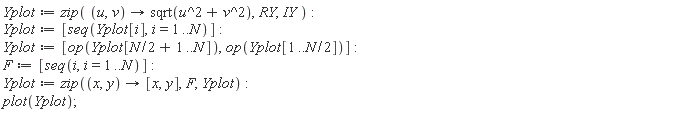 Yplot := zip(proc (u, v) options operator, arrow; sqrt(u^2+v^2) end proc, RY, IY); Yplot := [seq(Yplot[i], i = 1 .. N)]; Yplot := [op(Yplot[(1/2)*N+1 .. N]), op(Yplot[1 .. (1/2)*N])]; F := [seq(i, i = 1 .. N)]; Yplot := zip(proc (x, y) options operator, arrow; [x, y] end proc, F, Yplot); plot(Yplot)