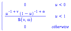 PIECEWISE([0, u < 0], [u^(-1+nu)*(1-u)^(-1+omega)/Beta(nu, omega), u < 1], [0, otherwise])