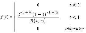 f(t) = piecewise(t < 0, 0, t < 1, t^(-1+nu)*(1-t)^(-1+omega)/Beta(nu, omega), 0)