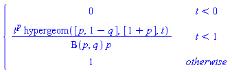 PIECEWISE([0, t < 0], [t^p*hypergeom([p, 1-q], [1+p], t)/(Beta(p, q)*p), t < 1], [1, otherwise])