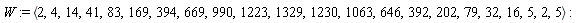 W := `<,>`(2, 4, 14, 41, 83, 169, 394, 669, 990, 1223, 1329, 1230, 1063, 646, 392, 202, 79, 32, 16, 5, 2, 5)