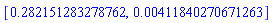[.282151283278762, 0.411840270671263e-2]