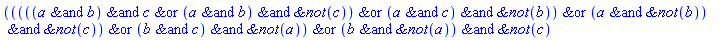 `&or`(`&or`(`&or`(`&or`(`&or`(`&and`(`&and`(a, b), c), `&and`(`&and`(a, b), `&not`(c))), `&and`(`&and`(a, c), `&not`(b))), `&and`(`&and`(a, `&not`(b)), `&not`(c))), `&and`(`&and`(b, c), `&not`(a))), `&and`(`&and`(b, `&not`(a)), `&not`(c)))