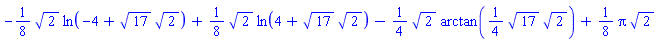-(1/8)*2^(1/2)*ln(-4+17^(1/2)*2^(1/2))+(1/8)*2^(1/2)*ln(4+17^(1/2)*2^(1/2))-(1/4)*2^(1/2)*arctan((1/4)*17^(1/2)*2^(1/2))+(1/8)*Pi*2^(1/2)