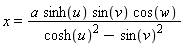 x = a*sinh(u)*sin(v)*cos(w)/(cosh(u)^2-sin(v)^2)