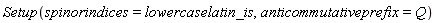 Setup(spinorindices = lowercaselatin_is, anticommutativeprefix = Q)