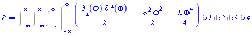 Int(Int(Int(Int((1/2)*Physics:-d_[mu](Phi(X), [X])*Physics:-d_[`~mu`](Phi(X), [X])-(1/2)*m^2*Phi(X)^2+(1/4)*lambda*Phi(X)^4, x1 = -infinity .. infinity), x2 = -infinity .. infinity), x3 = -infinity .. infinity), x4 = -infinity .. infinity)