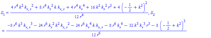S[1] = (1/12)*(4*r^4*k(r, t)^2*(diff(diff(k(r, t), r), r))^2+8*r^4*(diff(k(r, t), r))^2*k(r, t)*(diff(diff(k(r, t), r), r))+4*r^4*(diff(k(r, t), r))^4+16*k(r, t)^2*(diff(k(r, t), r))^2*r^2+4*(-1/2+k(r, t)^2)^2)/r^4, S[2] = (1/12)*(-8*r^6*k(r, t)^3*(diff(diff(k(r, t), r), r))^3-24*r^6*(diff(k(r, t), r))^2*k(r, t)^2*(diff(diff(k(r, t), r), r))^2-24*r^6*(diff(k(r, t), r))^4*k(r, t)*(diff(diff(k(r, t), r), r))-8*r^6*(diff(k(r, t), r))^6-32*k(r, t)^3*(diff(k(r, t), r))^3*r^3-8*(-1/2+k(r, t)^2)^3)/r^6