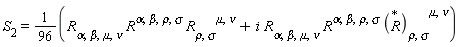 S[2]=1/96(R[alpha,beta,mu,nu] R^(alpha,beta,rho,sigma) R[rho,sigma]^(       mu,nu)+i R[alpha,beta,mu,nu] R^(alpha,beta,rho,sigma) (R)[rho,sigma]^(       mu,nu))