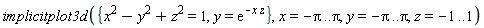 implicitplot3d({y = exp(-x*z), x^2-y^2+z^2 = 1}, x = -Pi .. Pi, y = -Pi .. Pi, z = -1 .. 1)