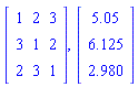 Matrix(3, 3, {(1, 1) = 1, (1, 2) = 2, (1, 3) = 3, (2, 1) = 3, (2, 2) = 1, (2, 3) = 2, (3, 1) = 2, (3, 2) = 3, (3, 3) = 1}), Vector(3, {(1) = 5.05, (2) = 6.125, (3) = 2.980})