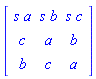 Matrix(3, 3, {(1, 1) = s*a, (1, 2) = s*b, (1, 3) = s*c, (2, 1) = c, (2, 2) = a, (2, 3) = b, (3, 1) = b, (3, 2) = c, (3, 3) = a})