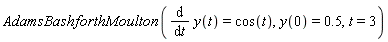 AdamsBashforthMoulton(diff(y(t), t) = cos(t), y(0) = .5, t = 3)