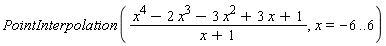 PointInterpolation((x^4-2*x^3-3*x^2+3*x+1)/(x+1), x = -6 .. 6)