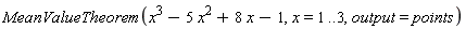 MeanValueTheorem(x^3-5*x^2+8*x-1, x = 1 .. 3, output = points)