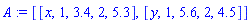 A := [[x, 1, 3.4, 2, 5.3], [y, 1, 5.6, 2, 4.5]]