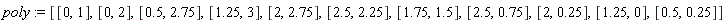 poly := [[0, 1], [0, 2], [.5, 2.75], [1.25, 3], [2, 2.75], [2.5, 2.25], [1.75, 1.5], [2.5, .75], [2, .25], [1.25, 0], [.5, .25]]