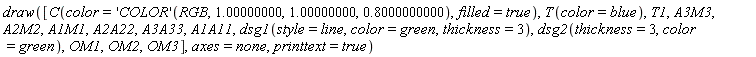draw([C(color = ('COLOR')(RGB, 1.00000000, 1.00000000, .8000000000), filled = true), T(color = blue), T1, A3M3, A2M2, A1M1, A2A22, A3A33, A1A11, dsg1(style = line, color = green, thickness = 3), dsg2(thickness = 3, color = green), OM1, OM2, OM3], axes = none, printtext = true)