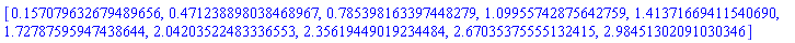 [.157079632679489656, .471238898038468967, .785398163397448279, 1.09955742875642759, 1.41371669411540690, 1.72787595947438644, 2.04203522483336553, 2.35619449019234484, 2.67035375555132415, 2.98451302091030346]