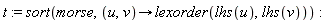 t := sort(morse, proc (u, v) options operator, arrow; lexorder(lhs(u), lhs(v)) end proc)