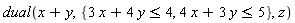 dual(x+y, {3*x+4*y <= 4, 4*x+3*y <= 5}, z)