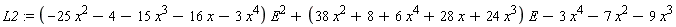 L2 := (-25*x^2-4-15*x^3-16*x-3*x^4)*E^2+(38*x^2+8+6*x^4+28*x+24*x^3)*E-3*x^4-7*x^2-9*x^3