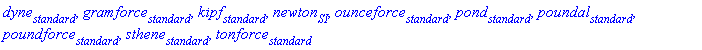 dyne[standard], gramforce[standard], kipf[standard], newton[SI], ounceforce[standard], pond[standard], poundal[standard], poundforce[standard], sthene[standard], tonforce[standard]