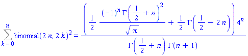 Sum(binomial(2*n, 2*k)^2, k = 0 .. n) = ((1/2)*(-1)^n*GAMMA(1/2+n)^2/Pi^(1/2)+(1/2)*GAMMA(1/2+2*n))*4^n/(GAMMA(1/2+n)*GAMMA(n+1))