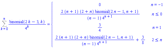Sum(binomial(2*k-3, k)/4^k, k = 0 .. n) = PIECEWISE([0, n = -1], [2*(n+1)*(2+n)*binomial(2*n-1, n+1)/((n-1)*4^(n+1)), n <= 0], [3/4, n = 1], [2*(n+1)*(2+n)*binomial(2*n-1, n+1)/((n-1)*4^(n+1))+3/8, 2 <= n])