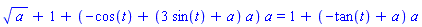 a^(1/2)+1+(-cos(t)+(3*sin(t)+a)*a)*a = 1+(-tan(t)+a)*a