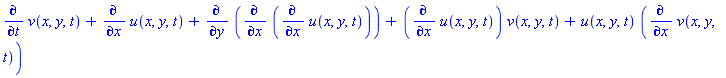 diff(v(x, y, t), t)+diff(u(x, y, t), x)+diff(diff(diff(u(x, y, t), x), x), y)+(diff(u(x, y, t), x))*v(x, y, t)+u(x, y, t)*(diff(v(x, y, t), x))