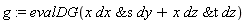 g := evalDG(x*`&s`(dx, dy)+x*`&t`(dz, dz))