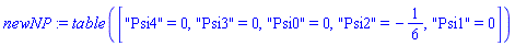 table( [( "Psi4" ) = 0, ( "Psi3" ) = 0, ( "Psi0" ) = 0, ( "Psi2" ) = -1/6, ( "Psi1" ) = 0 ] )
