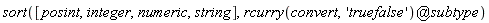 sort([posint, integer, numeric, string], `@`(rcurry(convert, 'truefalse'), subtype))