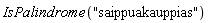 IsPalindrome("saippuakauppias")