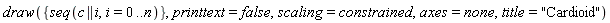 draw({seq(c || i, i = 0 .. n)}, printtext = false, scaling = constrained, axes = none, title = "Cardioid")