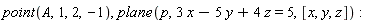 point(A, 1, 2, -1), plane(p, 3*x-5*y+4*z = 5, [x, y, z])