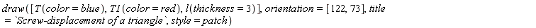 draw([T(color = blue), T1(color = red), l(thickness = 3)], orientation = [122, 73], title = `Screw-displacement of a triangle`, style = patch)