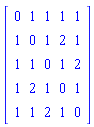Matrix([[0, 1, 1, 1, 1], [1, 0, 1, 2, 1], [1, 1, 0, 1, 2], [1, 2, 1, 0, 1], [1, 1, 2, 1, 0]])